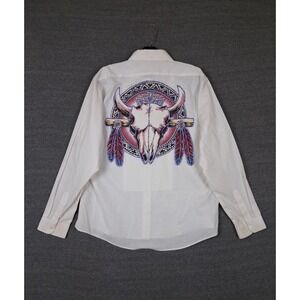 VTG Apache Womens Shirt L White Native Skull Applique Western Novelty Unique Dot
